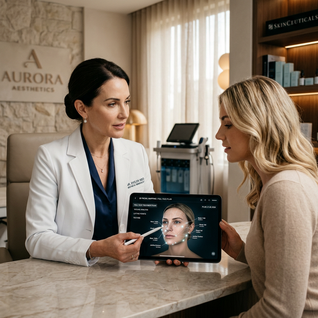 Médica mostrando o planejamento Full Face em 3D